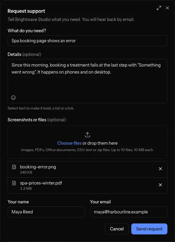 The Request support form on a client's link: a subject, details about a booking page error, a screenshot and a PDF dropped in, and the client's name and email.