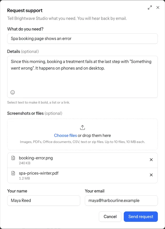 The Request support form on a client's link: a subject, details about a booking page error, a screenshot and a PDF dropped in, and the client's name and email.