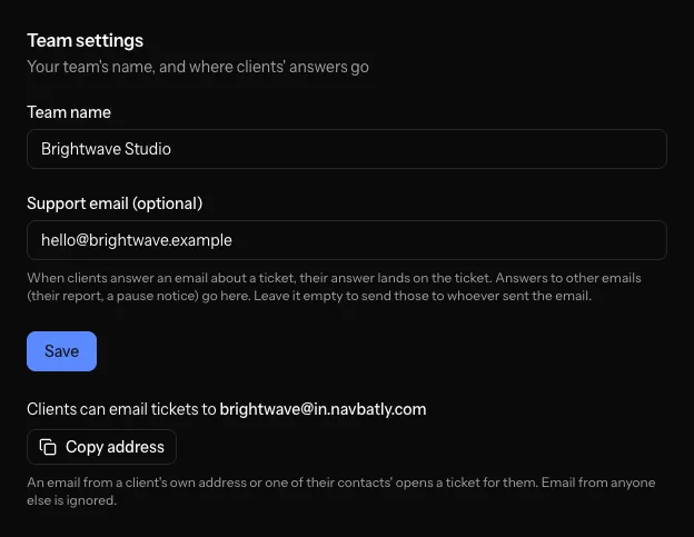 A team's settings in Navbatly: the team's name, its support email, and the ticket inbox address clients can email tickets to, with a button to copy it.