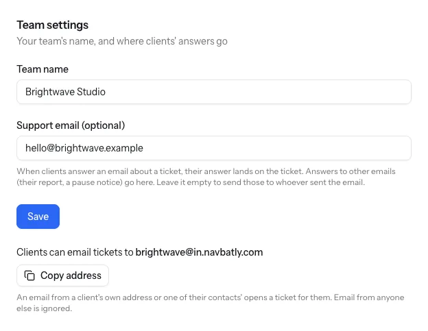 A team's settings in Navbatly: the team's name, its support email, and the ticket inbox address clients can email tickets to, with a button to copy it.